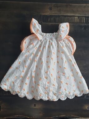 Size 3, Rachel Zoe White Girls Dress with Orange Fruit Print and Orange Lace